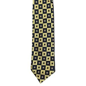 Italian Silk Tie Navy Gold Geometric Pattern 59x4 Classic Mens Necktie